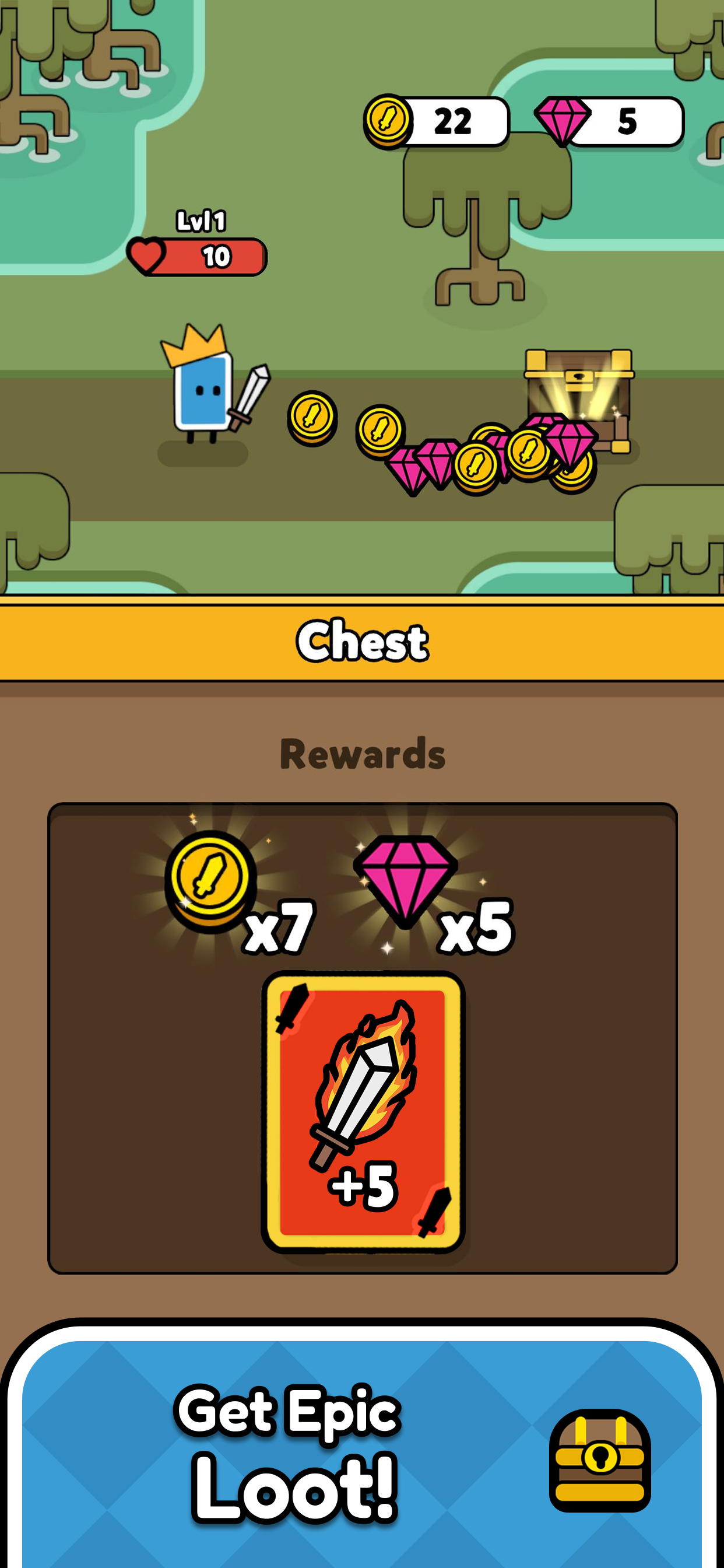 Opening a treasure chest and receiving epic loot in Cards King