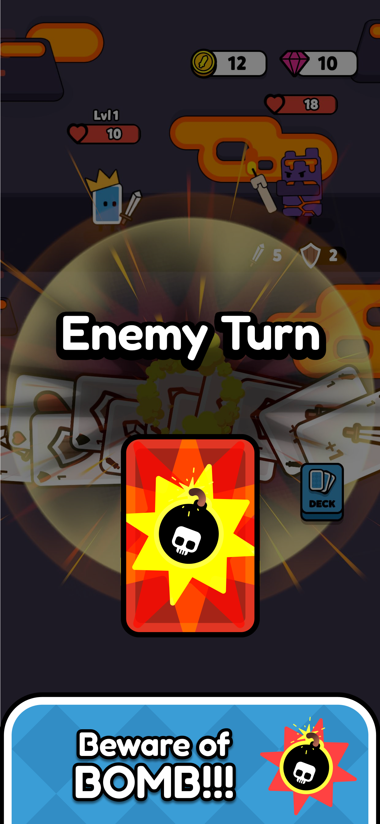 A surprise bomb card during an enemy turn in Cards King